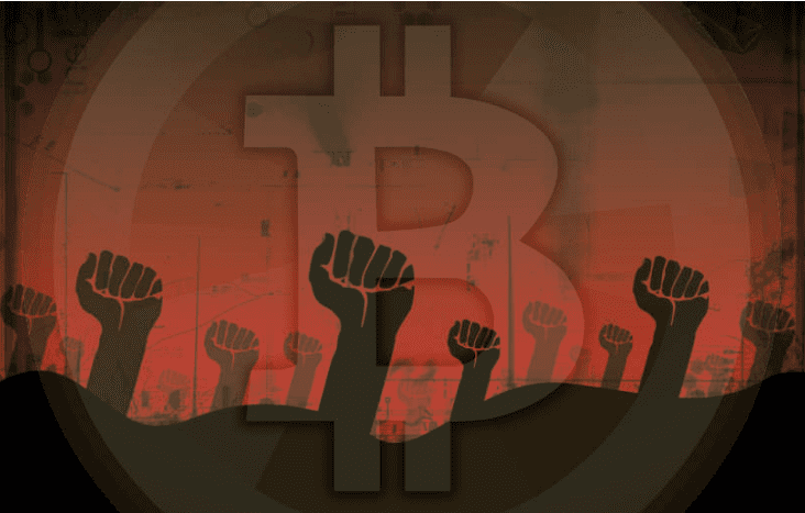 Red BTC background with black fists in the air